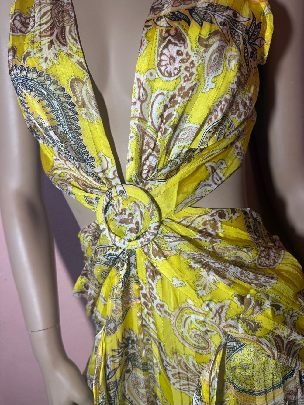 Rosevelvet Boho Yellow Paisley Open Back Plunge Jumpsuit M - Picture 8 of 17